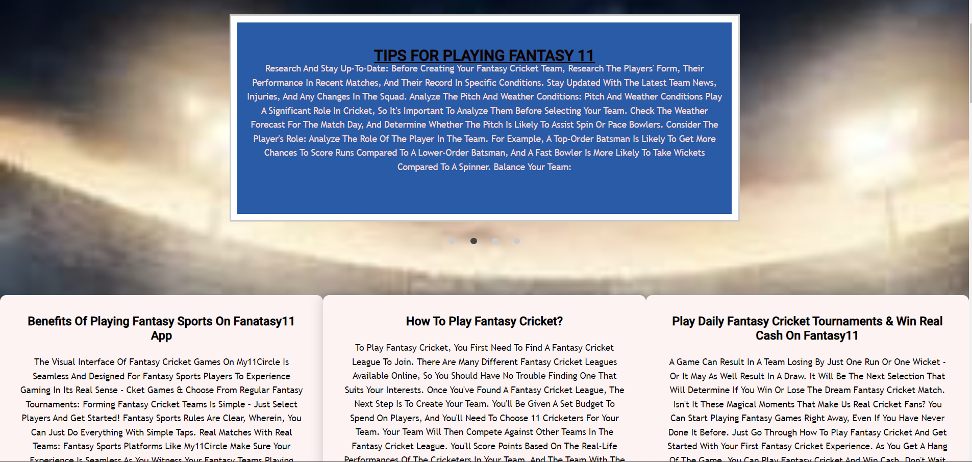 Fantasy 11 Cricket Booking Frontend Design